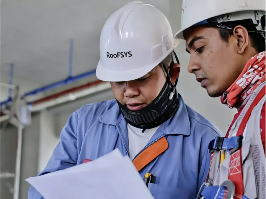 盈锋防水工程师现场沟通屋面防水施工方案，RooFSYS 防水技术团队勘测图纸