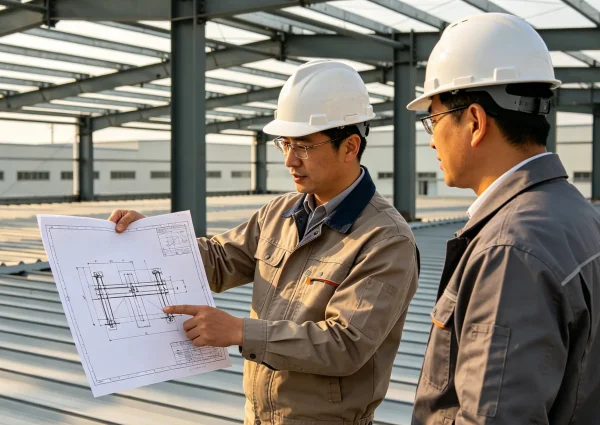 盈锋防水技术工程师现场查看钢结构屋面防水图纸，厂房光伏屋面紧固件技术对接
